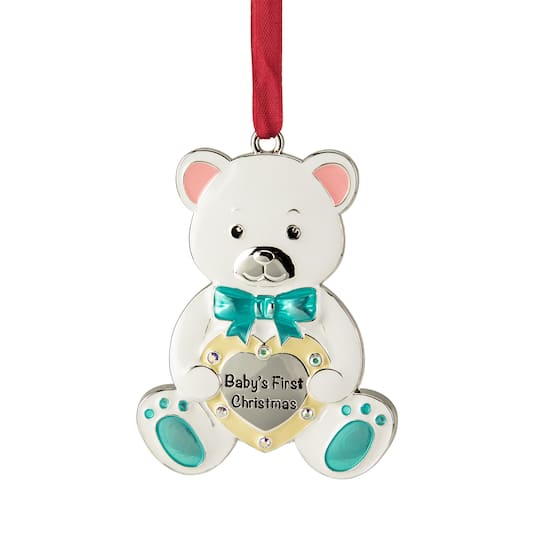 3&#x22; Pastel &#x26; Silver Plated Bear Baby&#x27;s First Christmas Ornament with European Crystals
